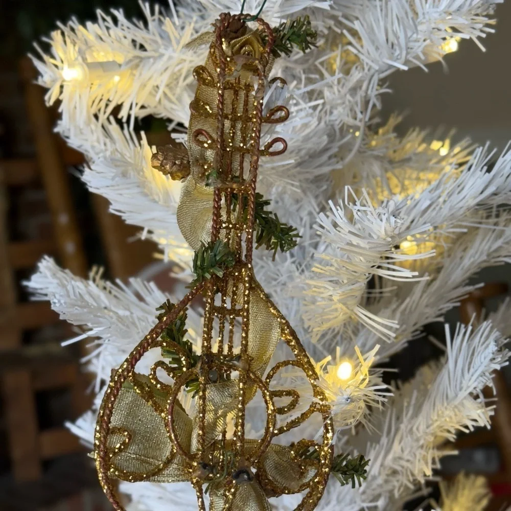 Rare Vintage 1975 Gold Guitar Holiday Ornament with Green Accents